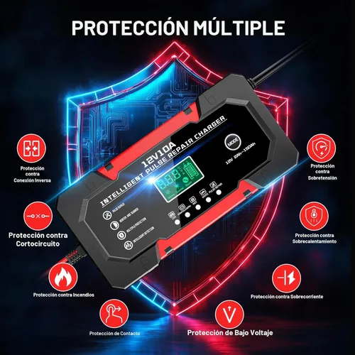Miniatura 7 de Cargador de Batería 10A 12V Cargador de Batería de Coche Completamente Automático Inteligente con Pantalla LCD y Compensación de Temperatura