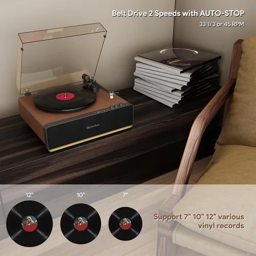 Miniatura 4 de Tocadiscos de vinilo Bluetooth con altavoces, 2 velocidades 33/45 RPM, cartucho magnético AT-3600L, luz ambiental LED, madera de nogal