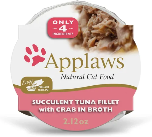 Applaws Alimento húmedo natural para gatos, 18 unidades, ollas de comida para gatos de ingredientes limitados, filete de atún con cangrejo en caldo,