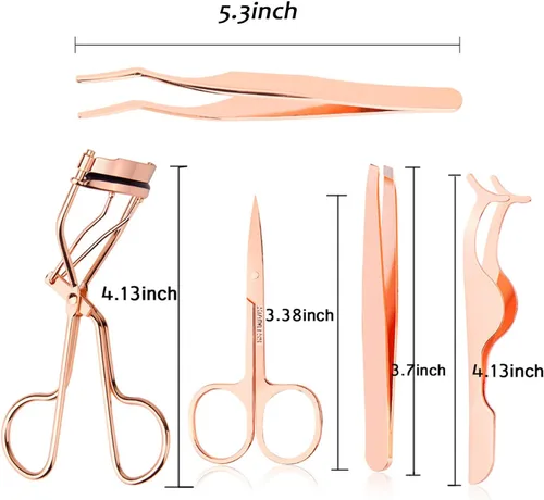 Miniatura 2 de Arroyner Herramienta aplicadora de pestañas 5 piezas, aplicador de pestañas postizas, rizador de cejas, tijeras de cejas (oro rosa)