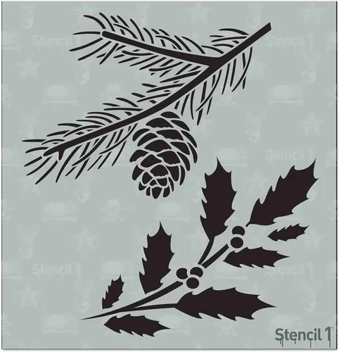 Stencil1 Plantilla de ramas de acebo y hoja perenne – Plantilla de invierno reutilizable para manualidades, decoración de vacaciones, pintura sobre