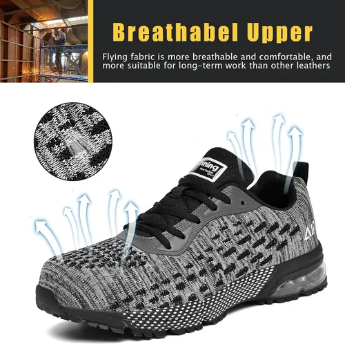 Miniatura 4 de HiHatide - Zapatos con punta de acero para hombre, zapatos de trabajo, zapatos de seguridad, con amortiguación de aire, ligeros, antideslizantes