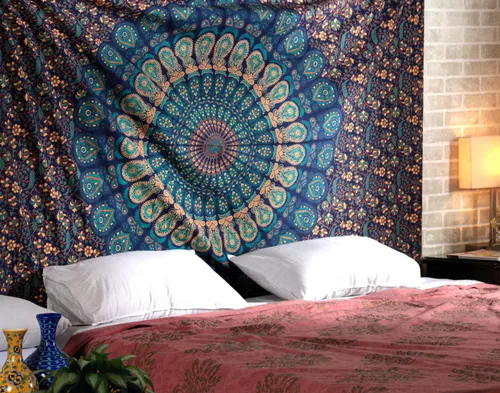 Miniatura 10 de RAJRANG Tapiz de Mandala de Pavo Real Hippie para Colgar en la Pared 90 x 84 pulgadas Tapices Decorativos Trippy Bohemios Indios Hechos a Mano