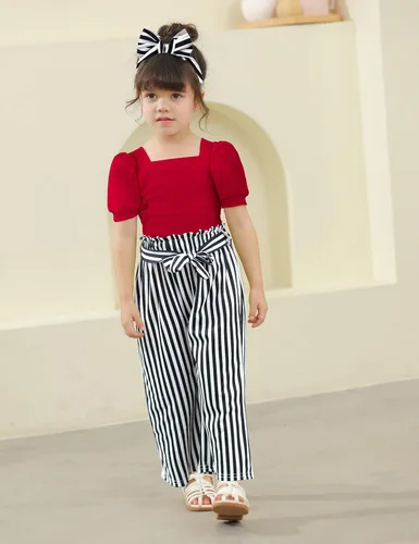 Miniatura 37 de DONWEN Conjunto de 3 piezas de ropa para niñas pequeñas y niñas con cuello cuadrado + pantalones elegantes + diadema para primavera y verano