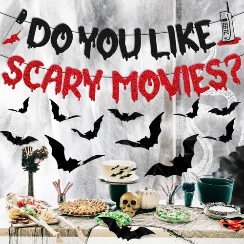 Miniatura 7 de Decoración de Halloween Do You Like Scary Movies Banner con adornos de murciélago en 3D, películas de terror sagradas, decoración de fiesta nocturna