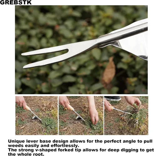 Miniatura 6 de GREBSTK - Horquilla de mano de acero inoxidable con mango de madera de haya, herramienta de jardín para airear, plantar, esparcir mantillo, quitar