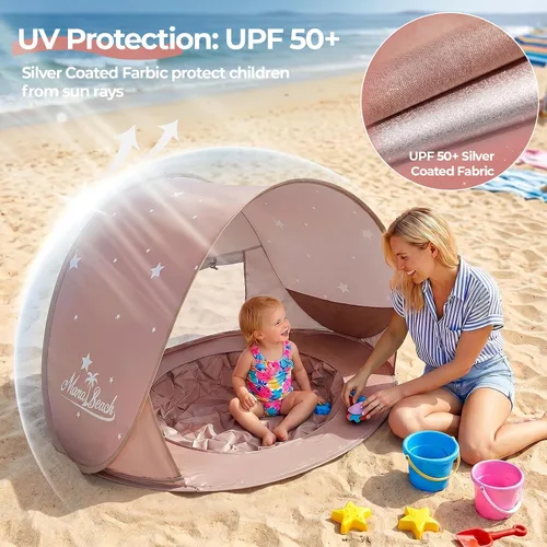 Miniatura 4 de Monobeach Tienda de campaña de playa para bebés con piscina: tienda de campaña desplegable con estrellas marrones para niños pequeños, refugio