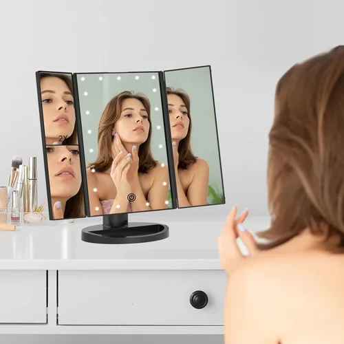 Miniatura 7 de FASCINATE Espejo de maquillaje iluminado, 21 luces LED brillantes, espejo de tocador tríptico LED con aumento 3x/2x/1x, control táctil de brillo