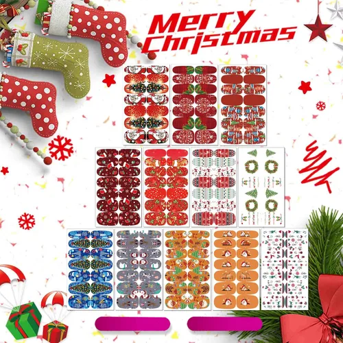 Miniatura 7 de 12 hojas de calcomanías de Navidad para uñas, tiras de esmalte de uñas, autoadhesivas, diseño de Papá Noel, árbol de Navidad, copo de nieve con 2