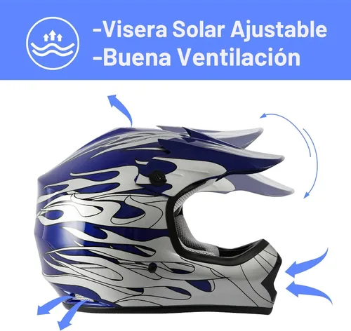 Miniatura 2 de Juego de casco DOT con gafas y guantes para motocross, cuatrimoto y vehículos todoterreno para niños y jóvenes, diseño de calavera azul, talla S