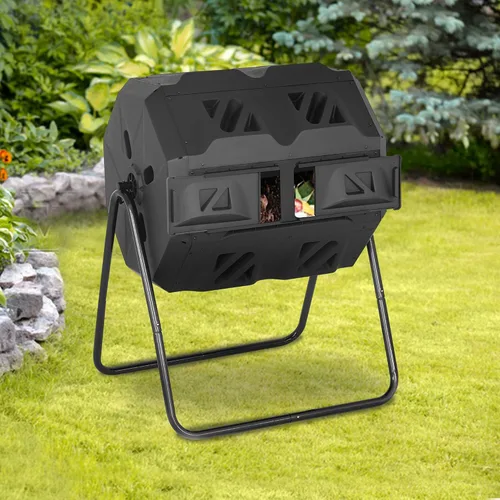 Contenedor de compostaje de gran capacidad, 43 galones, contenedor de compostaje para uso al aire libre, con 2 puertas correderas y marco de acero