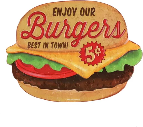 Enjoy Our Burgers - Letrero de metal en relieve – Letrero vintage de hamburguesas para cocina o cueva de hombre, lo mejor de la ciudad