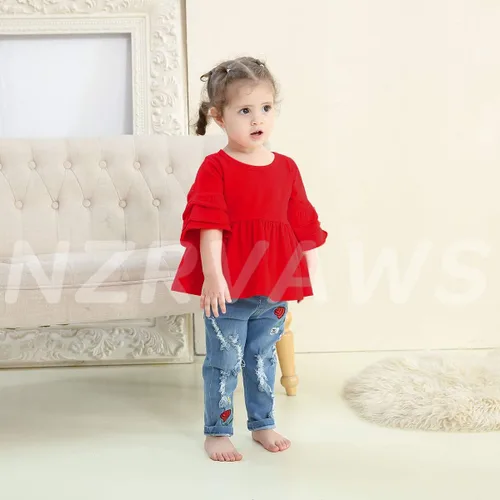 Miniatura 2 de NZRVAWS Ropa para bebé niña pequeña, conjunto de pantalones de mezclilla rasgados con volantes florales de leopardo para niña 0-4T