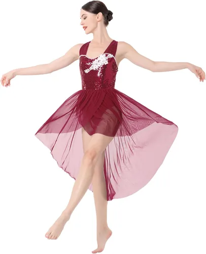 Miniatura 2 de ODASDO Vestido de baile lírico para mujeres adultas, moderno, contemporáneo, con lentejuelas, tul de malla, falda alta y baja, ropa de baile