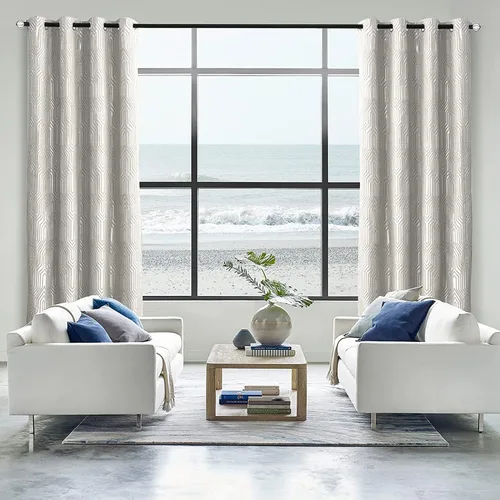 Miniatura 7 de Cortinas de patrón geométrico jacquard 100% opacas beige y plateado, 42 pulgadas de ancho y 63 pulgadas de largo, 2 paneles con aislamiento térmico