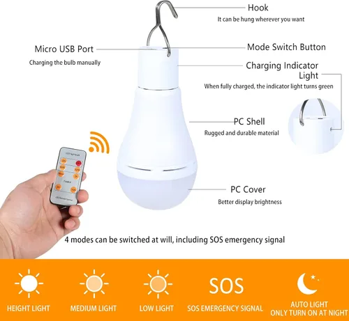 Miniatura 3 de Bombillas solares recargables con temporizador remoto, 4 modos de iluminación solar para interiores y exteriores, gallinero, huracán, iluminación