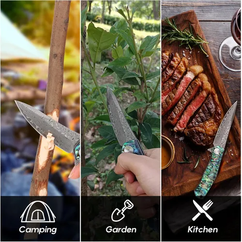 Miniatura 9 de Benkey - Navaja de bolsillo de acero de Damasco con funda de cuero con clip, cuchillo plegable con núcleo VG10 afilado, EDC con bloqueo