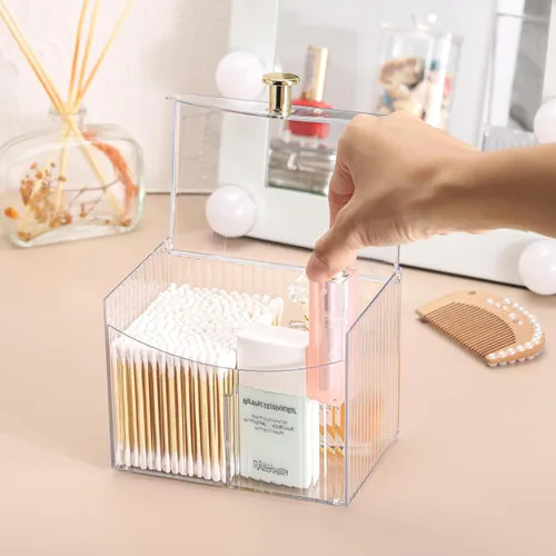 Miniatura 4 de Tbestmax Dispensador Portahisopo de 2 Secciones, Organizador Transparente de Baño de 2 Rejillas, Contenedor de Almacenamiento de Cosméticos