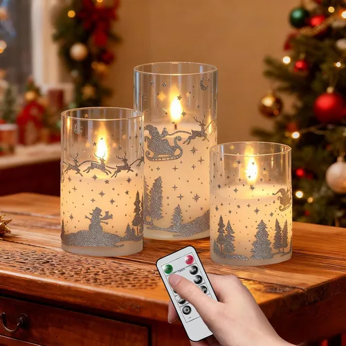 Miniatura 9 de Velas de Cristal sin Llama de Árbol de Navidad con Control Remoto Temporizador Operadas con Batería Cera Real Mecha 3D LED Parpadeantes Velas