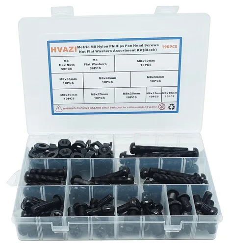 Miniatura 12 de Juego surtido de tornillos métricos M6 de nylon Phillips de cabeza plana (negro)