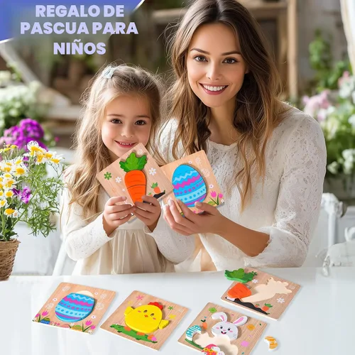 Miniatura 3 de Paquete de 4 rompecabezas de madera de Pascua para niños y niñas pequeños, rompecabezas de juguetes para cestas de Pascua, regalos de fiesta