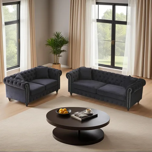 Miniatura 12 de Juego de 2 sofás Chesterfield de terciopelo de 85.5 pulgadas, 3 plazas + 63.5 pulgadas, sofá moderno con brazos enrollados y 2 cojines para sala