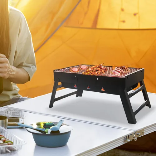 Miniatura 5 de Parrilla de carbón portátil para camping, pequeña parrilla de barbacoa de mesa para viaje de pícnic, juego de parrilla plegable y ligera, incluye