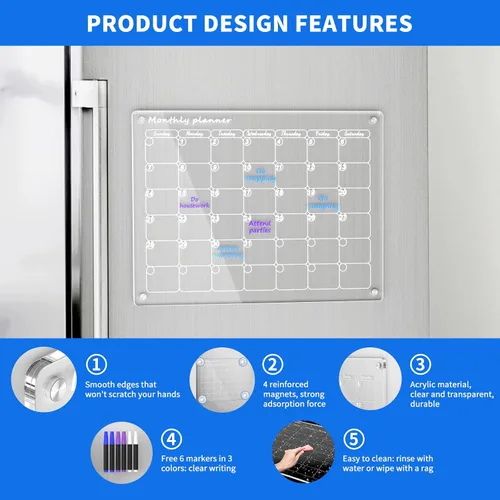 Miniatura 2 de AITEE Pizarra acrílica magnética de borrado en seco para nevera, calendario, 16"x12" pulgadas, planificador mensual transparente para refrigerador