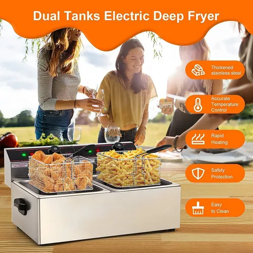 Miniatura 2 de Simoe Freidora comercial con 2 cestas de 6 litros, freidora eléctrica de 13.4 cuartos de galón, freidora de acero inoxidable para encimera