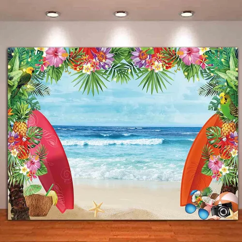 Miniatura 5 de HQM Fondo de fotos con temática de playa tropical de verano, 5 x 3 pies, tela para conchas de playa, Hawaii, flor de mar azul, para niños