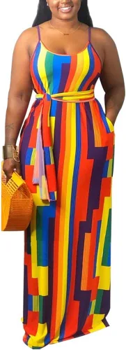 Miniatura 2 de BFFBABY Womens Summer Suspender Maxi Dress Plus Size Striped Printed Sleeveless with Pockets and Belt