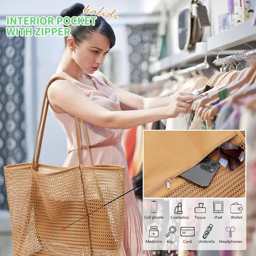 Miniatura 4 de KALIDI Bolso de Mano de Nylon de Playa con Malla, Bolso de Mano Casual Hobo para Mujer, Plegable, MAX 23L, Bolso de Hombro para Playa, Picnic
