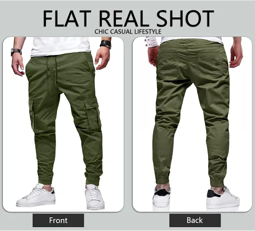 Miniatura 4 de LVCBL Pantalones cargo de algodón para hombre con cordón en la cintura, pantalones cargo ajustados