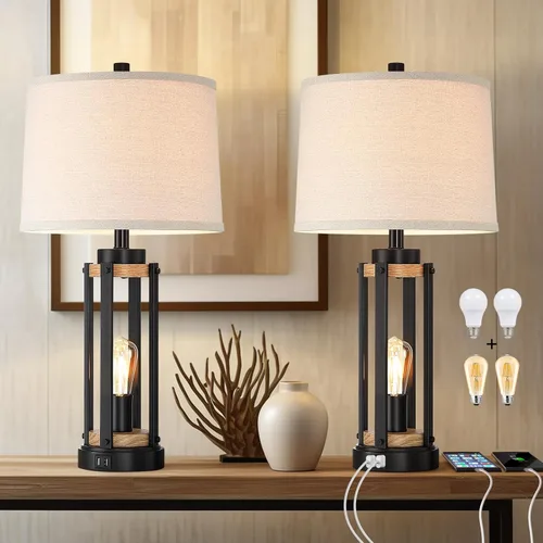Farmhouse Table Lamps for Living Room Set of 2, 26” Rustic Beside Lamps with USB Charging Ports and Night Light, Bedroom Nightstand Lamp Vintage