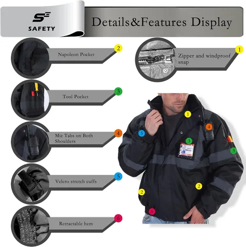 Miniatura 5 de sesafety Chaqueta reflectante para hombre, chaquetas de alta visibilidad, chaquetas de seguridad para hombre, chaquetas de bomber de construcción