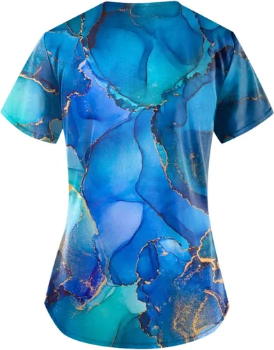 Miniatura 2 de Camiseta de uniforme de trabajo con estampado degradado elástico para mujer, manga corta, para verano, 2024