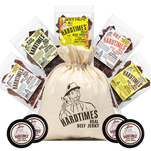Hardtimes Cecina de res - Variedad, bolsa de regalo especial - Gran regalo para el día del padre, festividades y cumpleaños - Pack de 5 bolsas de