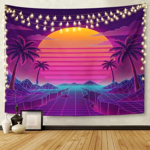 Miniatura 5 de TOMPOP Tapiz retro futurista de neón paisaje de los años 80 digital Cyber 80S Party Sci Decoración del hogar para colgar en la pared para sala