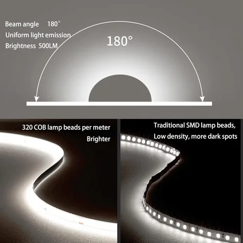 Miniatura 2 de MDee】Tira de luces LED COB de 3000K blanco cálido 1.64 pies/0.5m 5V cinta de luces LED flexibles CRI 90+ 800LM/m 320LEDs/m para decoración