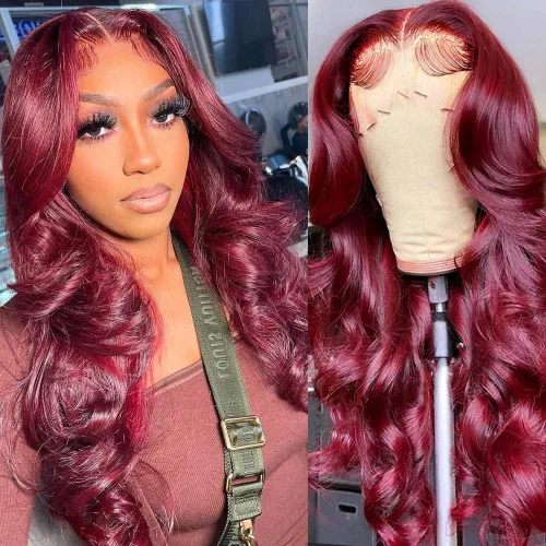 Miniatura 14 de Pelucas de cabello humano con encaje frontal color borgoña 99j de 13 x 6, densidad del 200 %, pelucas de encaje frontal HD 99j de color rojo