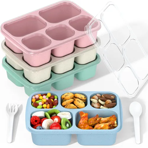 Bento Box - Lonchera para adultos, paquete de 4 unidades, 5 compartimentos, contenedor de preparación de comidas para niños, contenedores Trigo