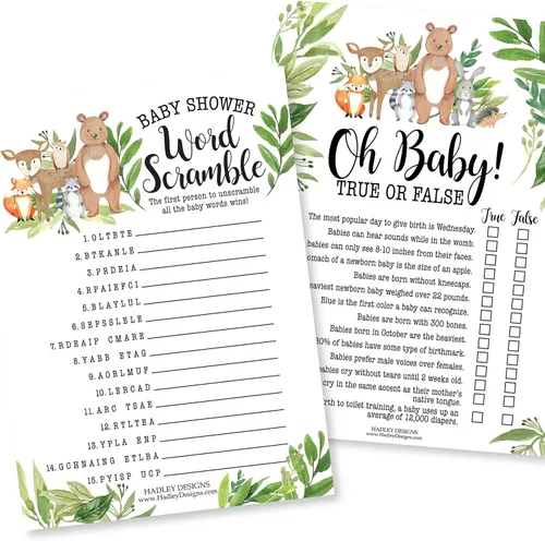Miniatura 3 de Hadley Designs 25 Woodland Word Scramble para baby shower, 25 juegos verdaderos o falsos, 25 juegos de trivia, 25 Find the Guest - 4 tarjetas