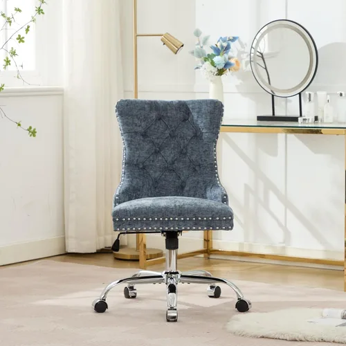 Miniatura 12 de Silla de oficina en casa de terciopelo con base de metal dorado y ribete de cabeza de clavo, moderna silla de trabajo tapizada giratoria tapizada