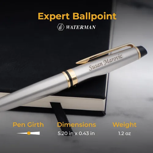 Miniatura 5 de Waterman Bolígrafo Expert, acero inoxidable cepillado con borde dorado, grabado láser personalizado, tinta negra, caja de regalo oficial de WATERMAN