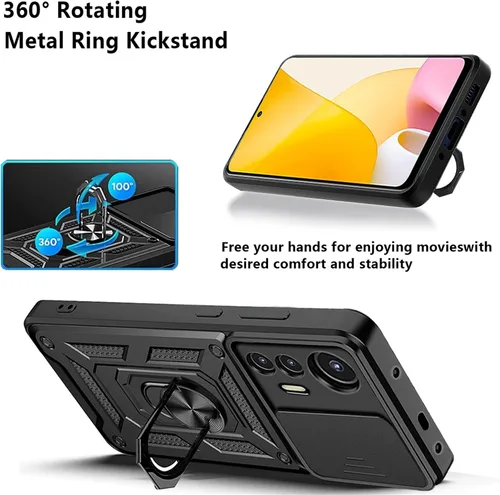 Miniatura 4 de Funda de teléfono celular para Xiaomi Redmi Note 12S, protección resistente con cubierta deslizante para cámara, soporte giratorio de metal de 360°