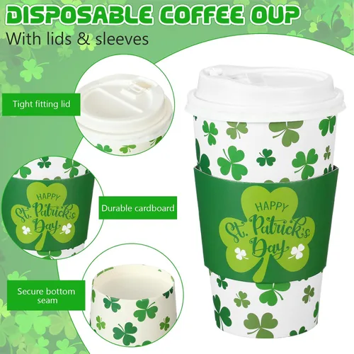 Miniatura 5 de Jingmore Paquete de 60 tazas de café desechables del día de San Patricio con tapas y fundas de 16 onzas, tazas de café irlandesas de papel de trébol