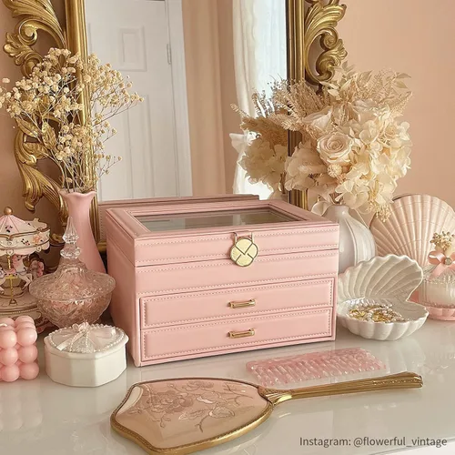 Miniatura 3 de Vlando Joyero para niñas y mujeres, organizador de joyas con tapa de vidrio con 2 cajones para regalos, almacenamiento grande de 3 capas