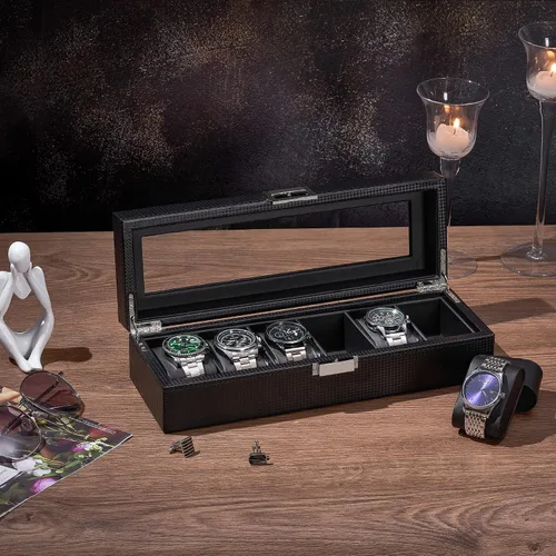 Miniatura 4 de BEWISHOME Caja de reloj para hombres Organizador de reloj con 6 ranuras, funda de reloj, diseño de fibra de carbono, parte superior de vidrio real