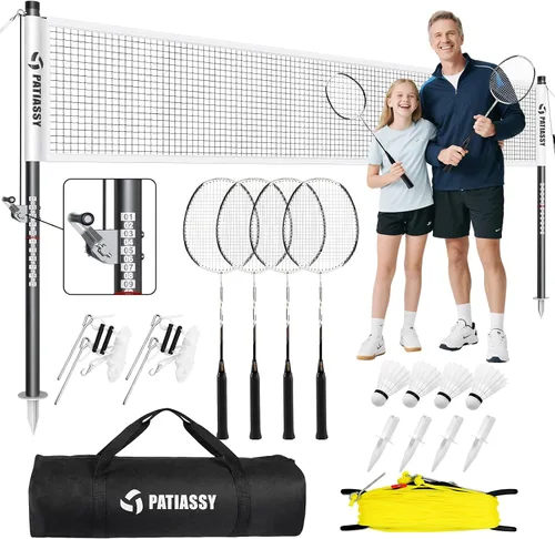 Professional Badminton Set with Carbon Aluminum Badminton Rackets Set of 4, Outdoor Portable Badminton Net with Winch System, 4 Nylon Badminton