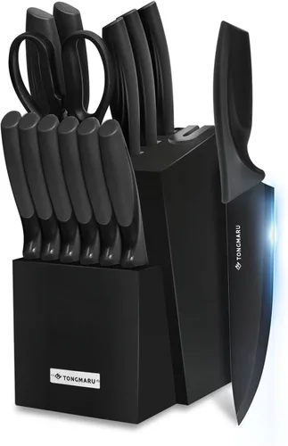 Juego de cuchillos con afilador, juego de 15 cuchillos de acero inoxidable de alto carbono, juego de cuchillos de acero inoxidable, juego de Negro